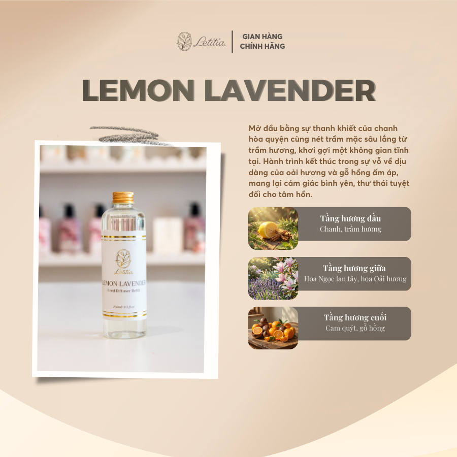 Tinh Dầu Refill Tiết Kiệm Letitia Lemon Lavender giúp thơm phòng, thư giãn, khử mùi - Size 250ml