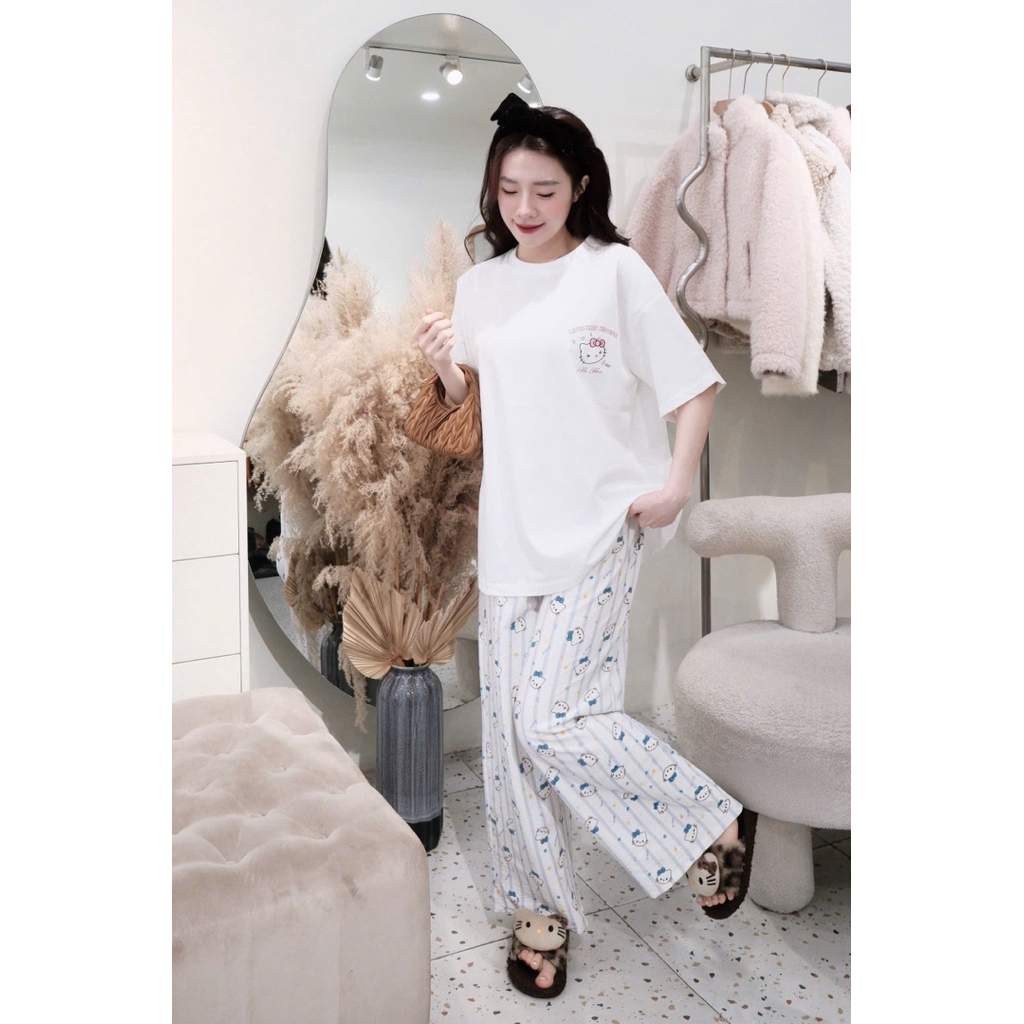 Bộ Đồ Nữ Mặc Nhà Quần Dài Áo Cộc, Set Basic Cổ Tròn Chất Cotton 2 Chiều Cao Cấp Mát Mịn, Nhiều Màu
