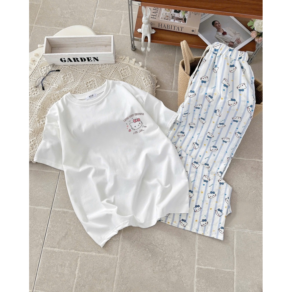 Bộ Đồ Nữ Mặc Nhà Quần Dài Áo Cộc, Set Basic Cổ Tròn Chất Cotton 2 Chiều Cao Cấp Mát Mịn, Nhiều Màu