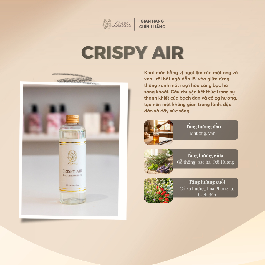 Tinh Dầu Refill Tiết Kiệm Letitia Refill Crispy Air giúp thơm phòng, thư giãn, khử mùi - Size 250ml