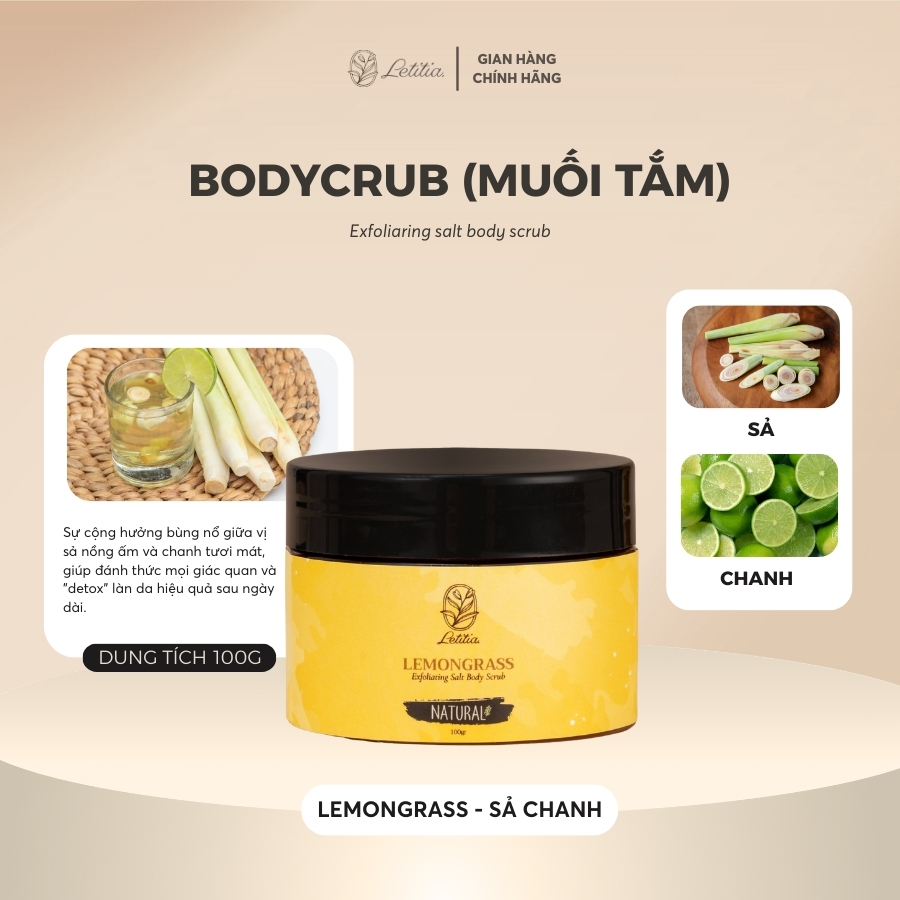Tẩy Tế Bào Chết, Muối Tắm - Body Scrub Letitia Hương Sả chanh làm sạch sâu da Size 100/350g