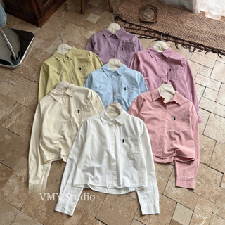VMY Studio - Áo sơ mi cổ polo basic thêu ngựa trẻ trung nữ, áo dài tay cổ polo năng động trẻ trung xinh xắn nữ
