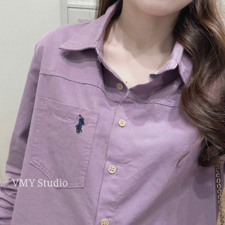 VMY Studio - Áo sơ mi cổ polo basic thêu ngựa trẻ trung nữ, áo dài tay cổ polo năng động trẻ trung xinh xắn nữ