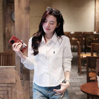 VMY Studio - Áo sơ mi cổ polo basic thêu ngựa trẻ trung nữ, áo dài tay cổ polo năng động trẻ trung xinh xắn nữ
