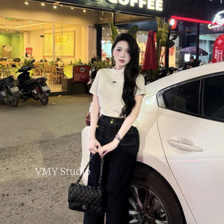 VMY Studio - Áo thun cổ tròn thêu họa tiết trước ngực trẻ trung năng động nữ, áo tay ngắn thêu chữ xinh xắn nữ