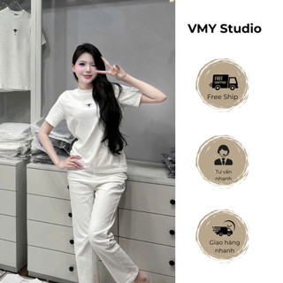 VMY Studio - Áo thun cổ tròn thêu họa tiết trước ngực trẻ trung năng động nữ, áo tay ngắn thêu chữ xinh xắn nữ