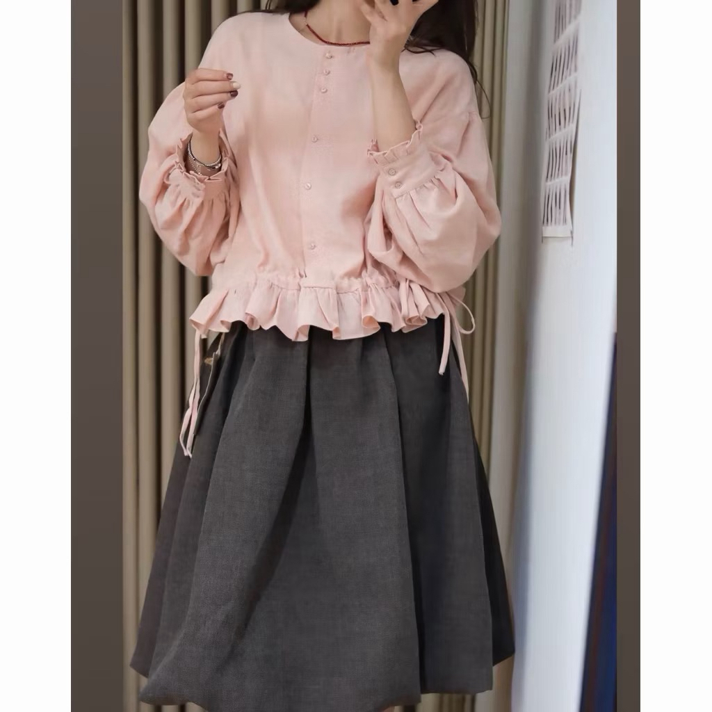 𝗠𝗼𝗹𝗹𝘆- Áo Linen tay dài xếp li rút