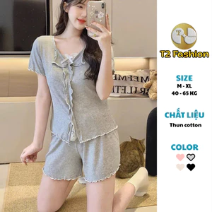 Bộ Ngủ thun viền bèo đính nơ T090
