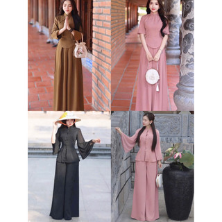 Set bộ lam đi chùa áo cổ trụ dài tay nút bọc quần dài ống rộng chất vải tuyết nhung nhẹ nhàng kính đáo