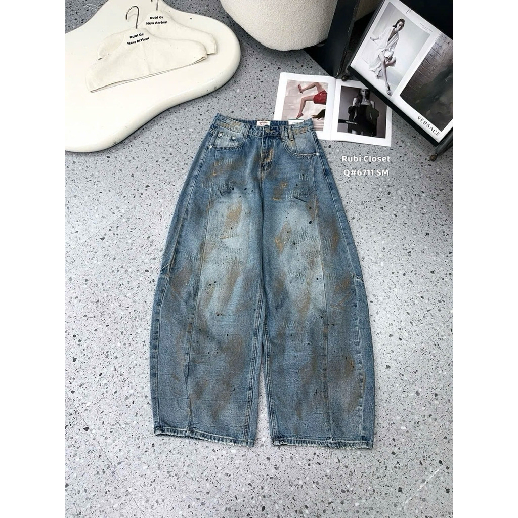 Quần jeans suông cào loang