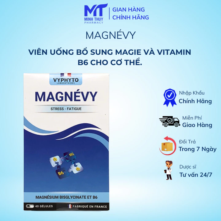 Viên Uống Bổ Sung Magie MAGNEVY 40 Viên – Magnesium Bisglycinate + Vitamin B6, Hỗ Trợ Giảm Mệt Mỏi Căng Thẳng – Nhập Khẩ