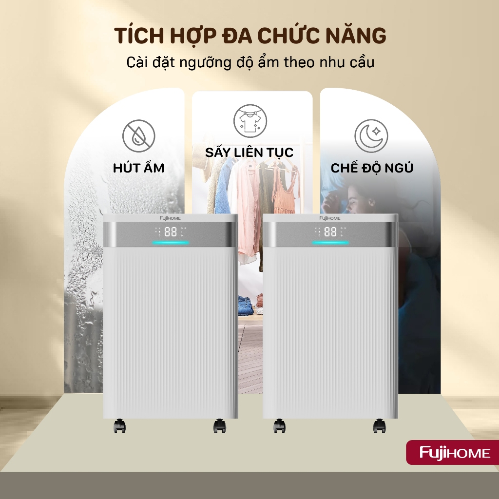 Máy hút ẩm lọc không khí Nhập Khẩu FUJIHOME DH16NW-HEPA, máy hút ẩm hẹn giờ cảm ứng kết nối Wifi 16L