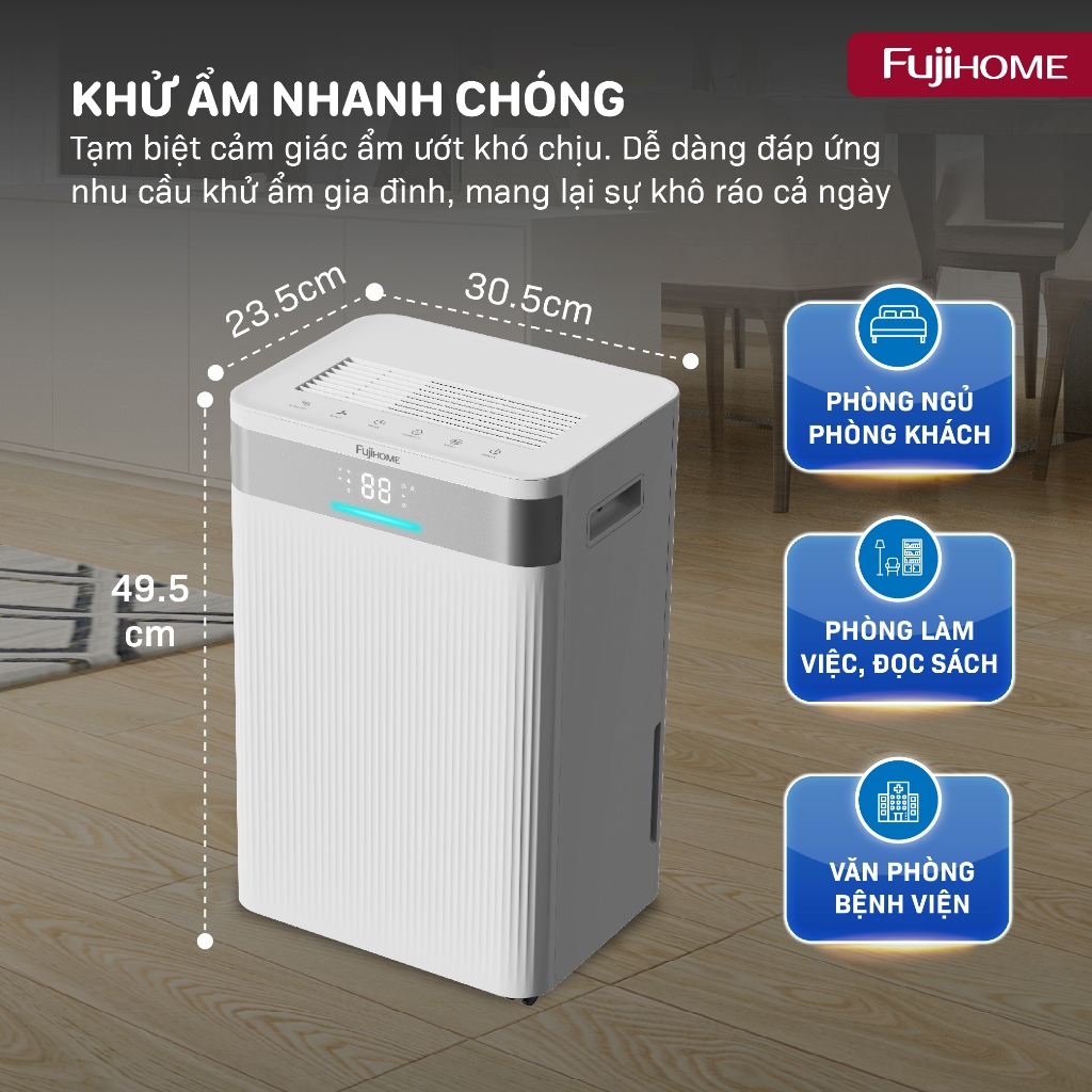 Máy hút ẩm lọc không khí Nhập Khẩu FUJIHOME DH16NW-HEPA, máy hút ẩm hẹn giờ cảm ứng kết nối Wifi 16L