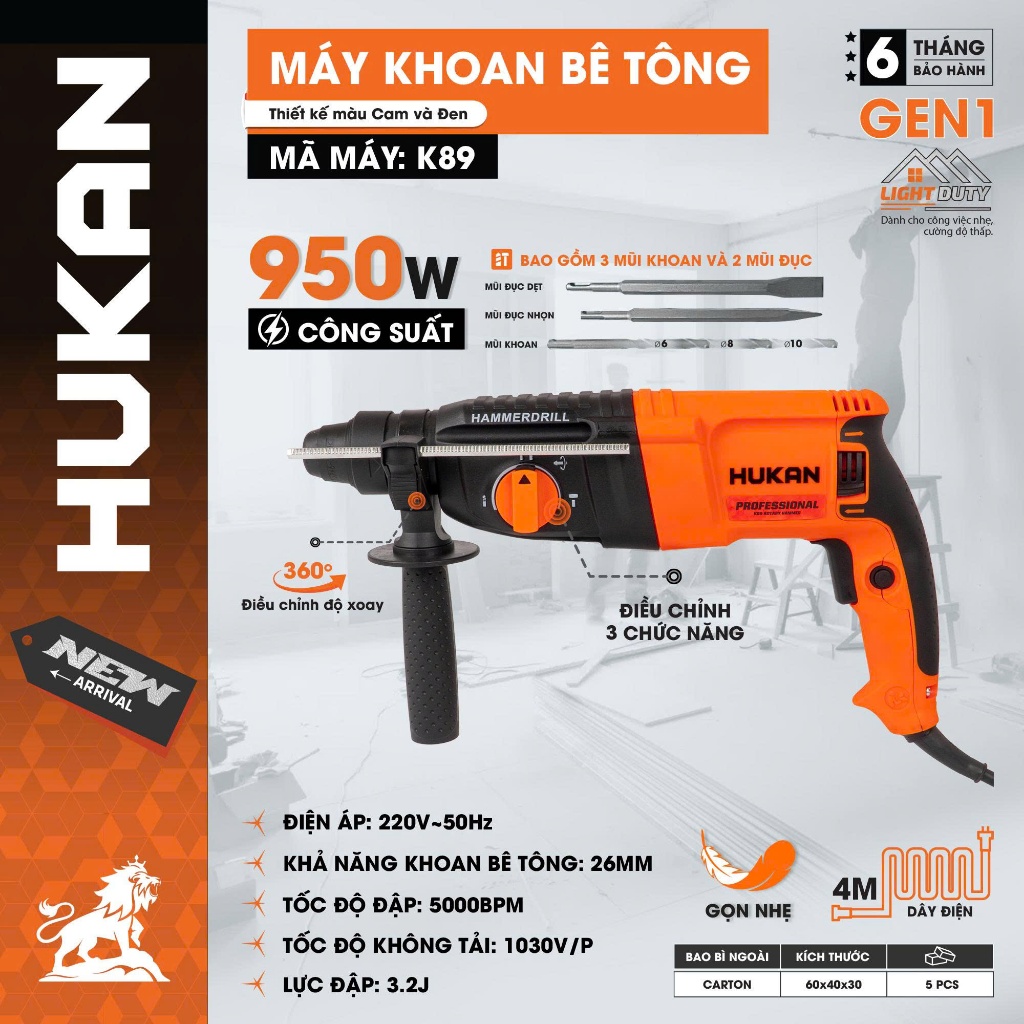 Máy Khoan Bê Tông 3 Chức Năng HUKAN K89 | Công Suất 950W – Lực Đập 3.2J – Mũi 26mm – Tặng 5 Mũi Khoan & Đục