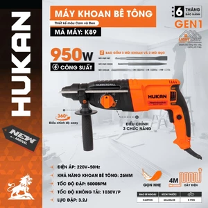 Máy Khoan Bê Tông 3 Chức Năng HUKAN K89 | Công Suất 950W – Lực Đập 3.2J – Mũi 26mm – Tặng 5 Mũi Khoan & Đục