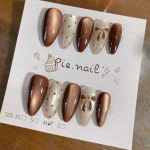 474. nailbox mắt mèo nâu, nude nơ vẽ nổi