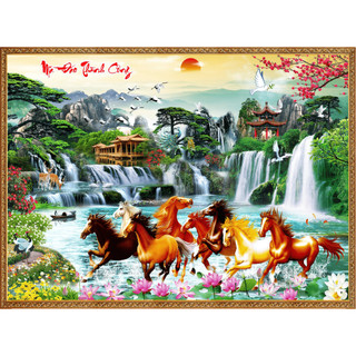 Tranh vải dán tường in 6D hình 8 con ngựa, Tranh Mã Đáo Thành Công, Tranh phong thủy trang trí phòng khách PC01 - BIATON