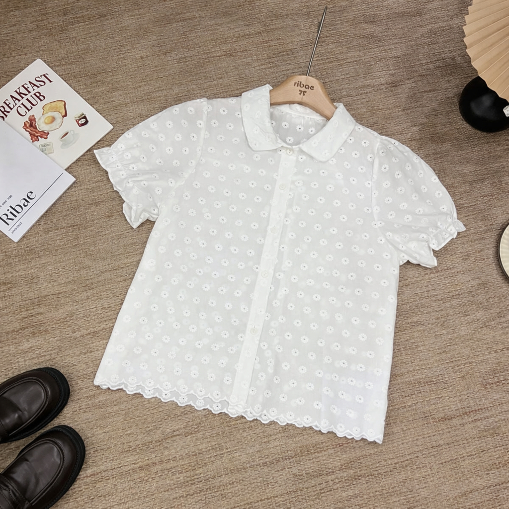 Áo sơ mi thô boi thêu hoa điệu đà vải mỏng, áo kiểu nữ LALA A94