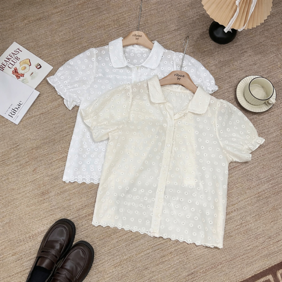 Áo sơ mi thô boi thêu hoa điệu đà vải mỏng, áo kiểu nữ LALA A94