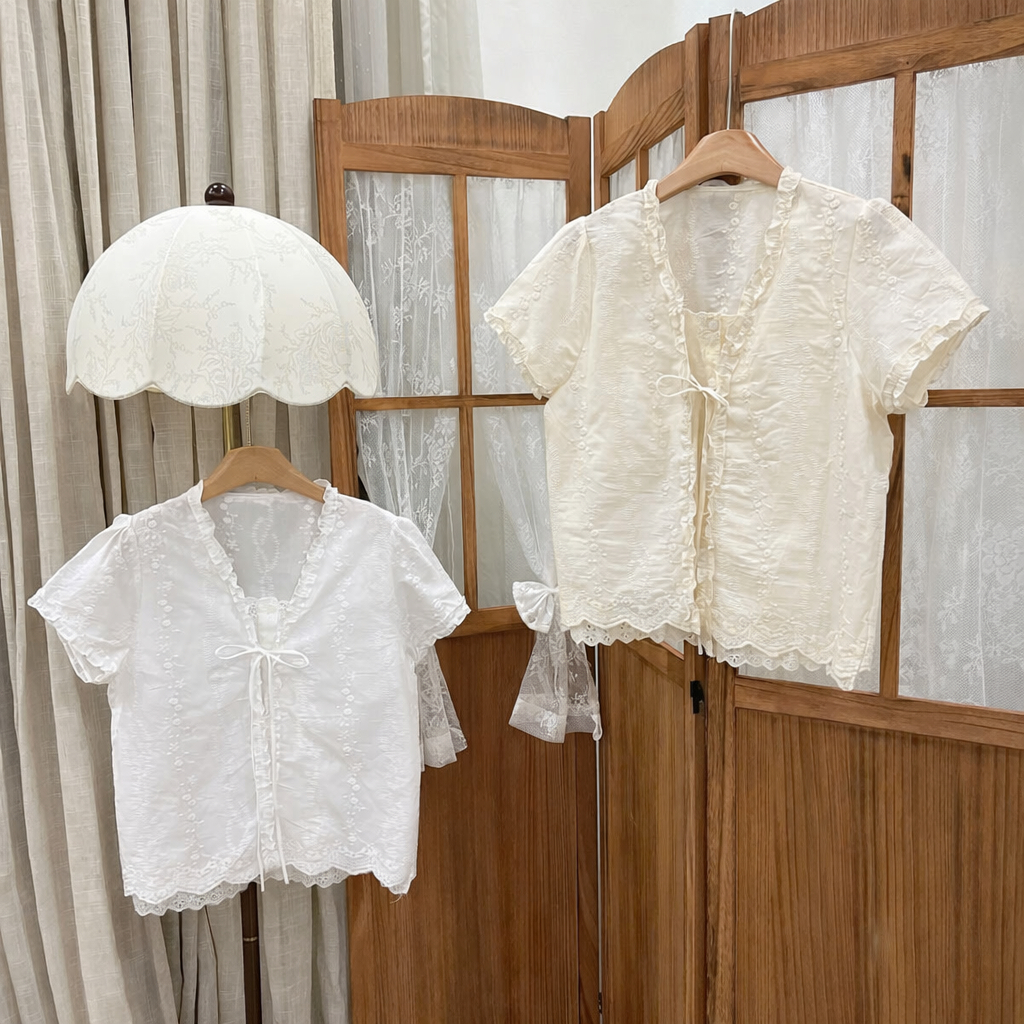 Áo liền buộc dây nơ, áo kiểu xinh xắn thêu hoa nhẹ nhàng LALA A95