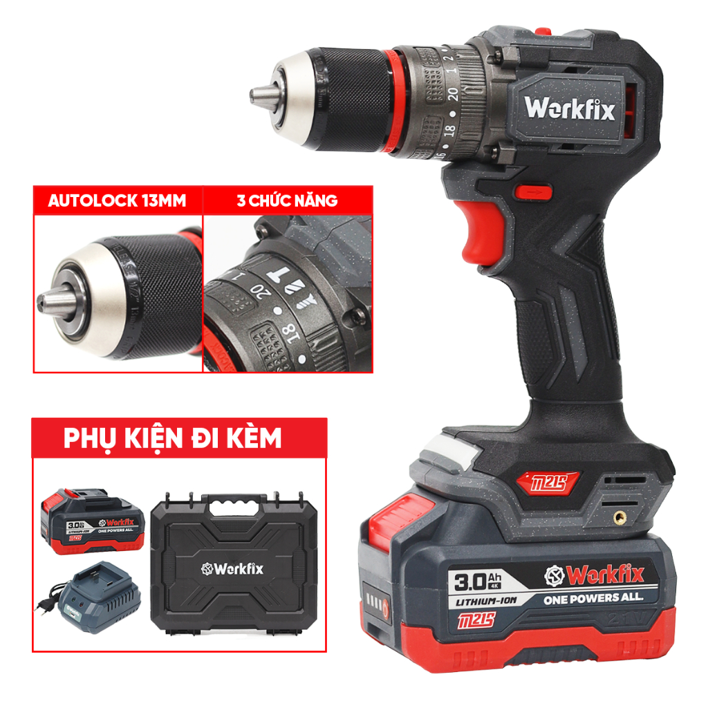 Máy Khoan Pin 21V Workfix WF-ID1365F Không Chổi Than – 65Nm – Khoan Búa Vặn Vít – 2 Cấp Tốc Độ – Đầu Kẹp 13mm