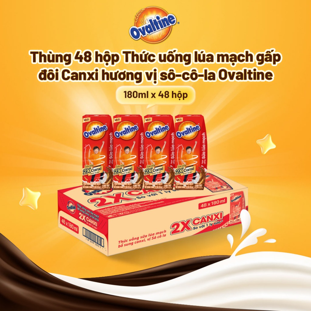 Thùng 48 hộp Thức uống lúa mạch gấp đôi Canxi hương vị sô-cô-la Ovaltine (180ml x 48)