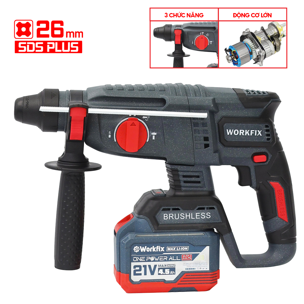 Máy Khoan Bê Tông Pin 26mm Workfix WF-RH2326BL Không Chổi Than – Lực Đập 2.3J – SDS Plus – 3 Chức Năng – Pin 21V