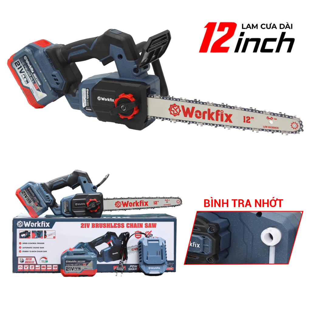 Máy Cưa Xích Pin 12 Inch Workfix WF-CX12PRO Không Chổi Than – Lam 305mm – Tra Nhớt Tự Động – Tốc Độ 3600rpm