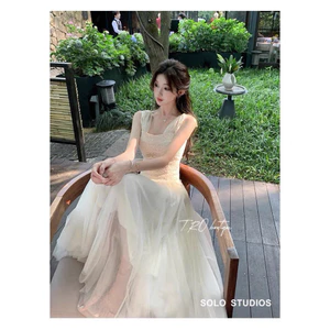 Set áo ren quai lưới nơ chân váy maxi lưới xoè