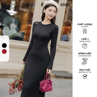 512DR9005 -  Đầm len đen/đỏ vặn thừng phối khuy ADORE