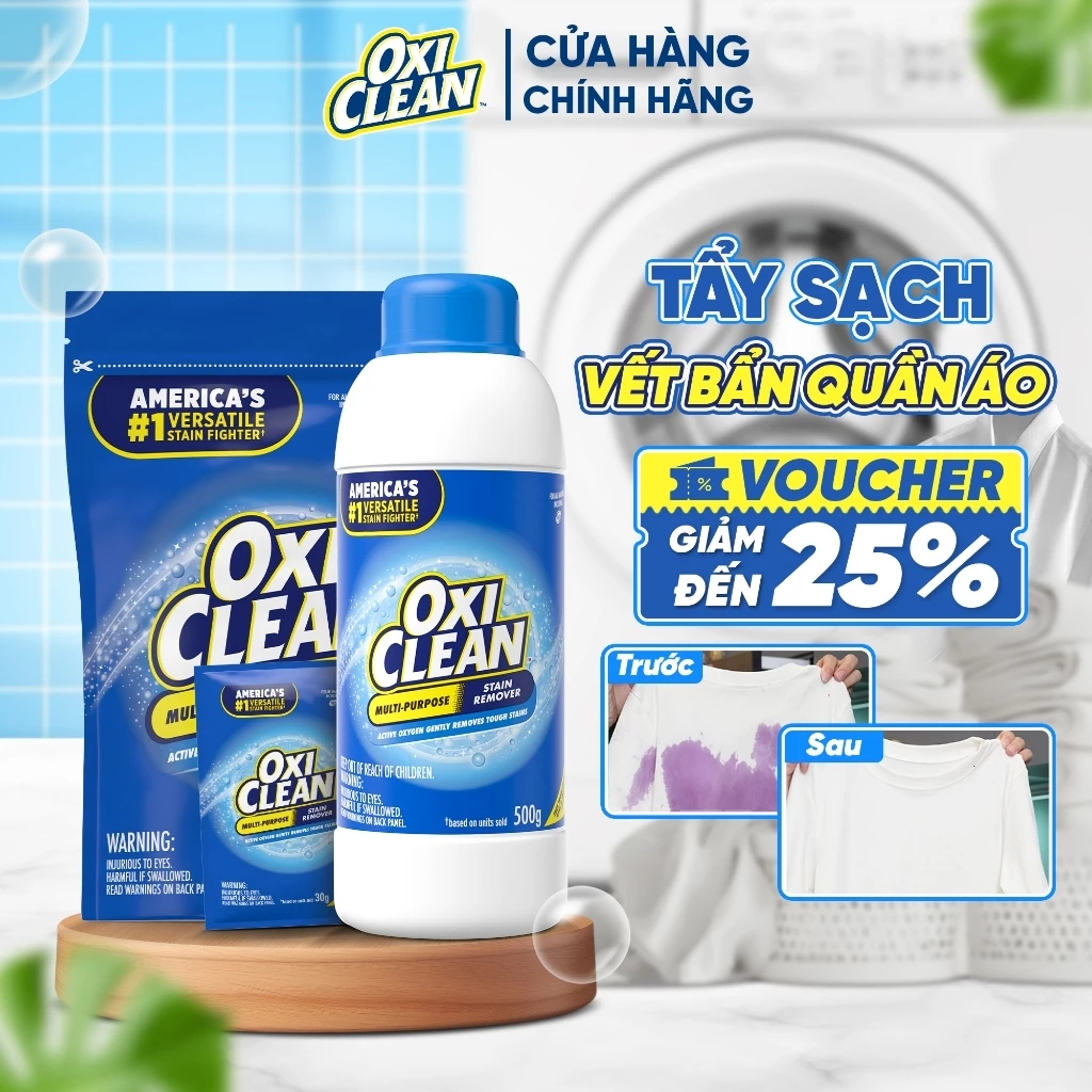 Bột tẩy quần áo Oxiclean giúp tẩy trắng vết bẩn ố vàng, vết bẩn lâu ngày, không làm phai màu quần áo