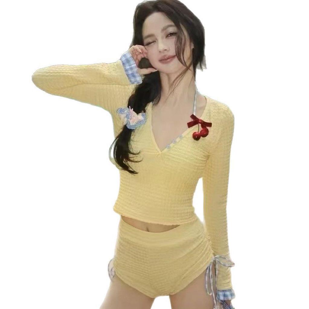 Bikini nữ 3 món tách rời họa tiết caro, phong cách辣妹甜美, đồ bơi tôn mông đào thon dáng, mặc đi biển
