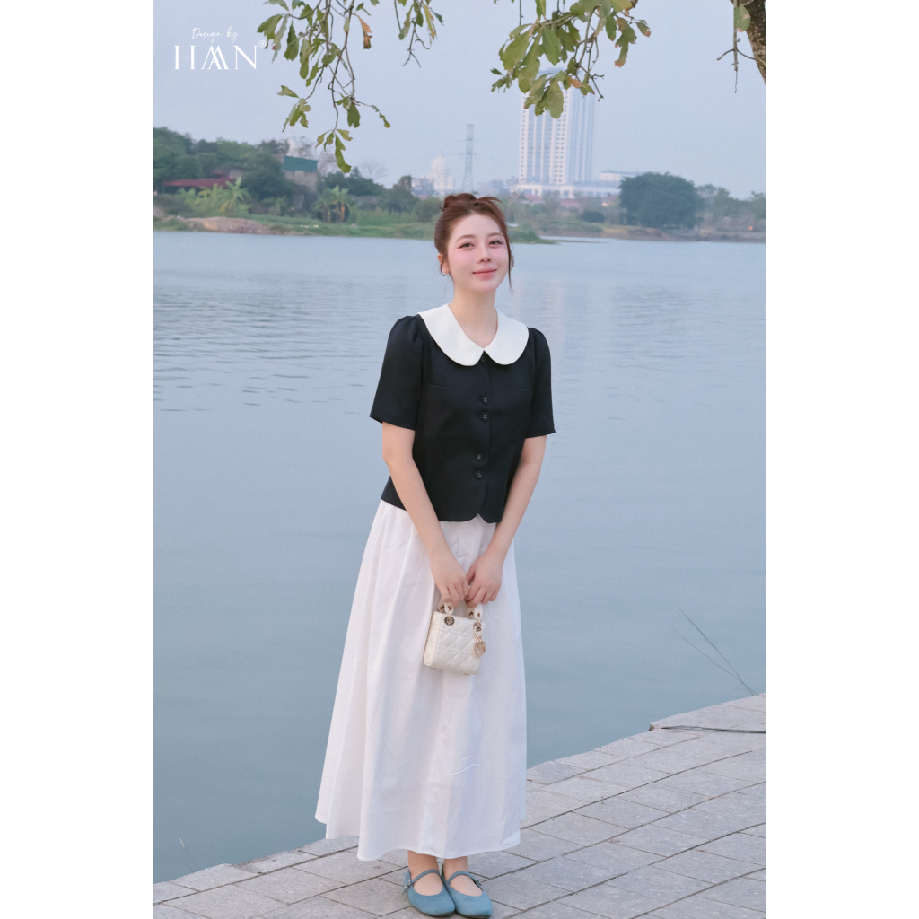 Áo Sơ Mi Nữ Kiểu Cổ Sen Dịu Dàng, Chất Liệu Canvas Xanh Than Phối Cổ Trắng HAAN Design SM2622