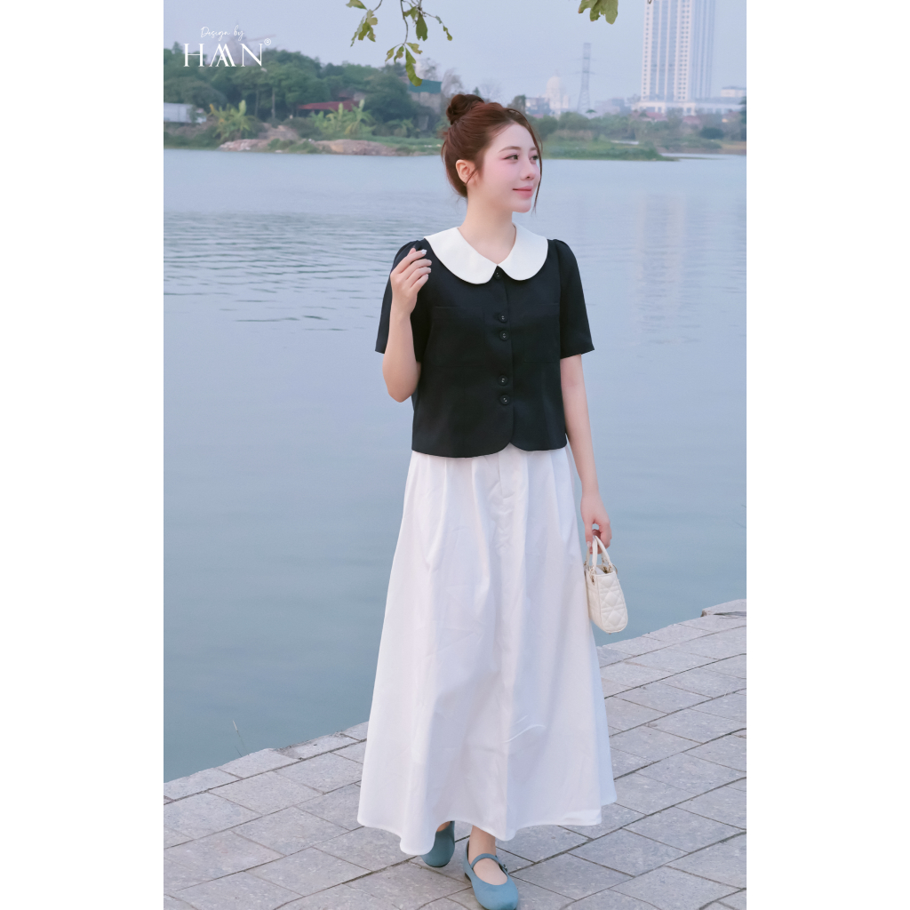Áo Sơ Mi Nữ Kiểu Cổ Sen Dịu Dàng, Chất Liệu Canvas Xanh Than Phối Cổ Trắng HAAN Design SM2622