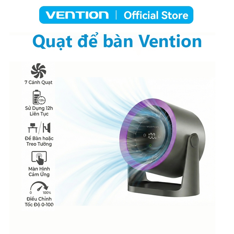 Quạt Để Bàn 5000mAh 18.5W Vention, Điều Chỉnh Tốc Độ 1-100, Màn Hình Cảm Ứng,Dùng tới 12H, Vỏ ABS + PC Bền Nhẹ