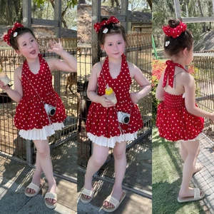 Set áo chấm bi bé gái cổ yếm phối nơ kèm chân váy xếp ly trắng phong cách tiểu thư mùa hè cho mẹ và bé gái