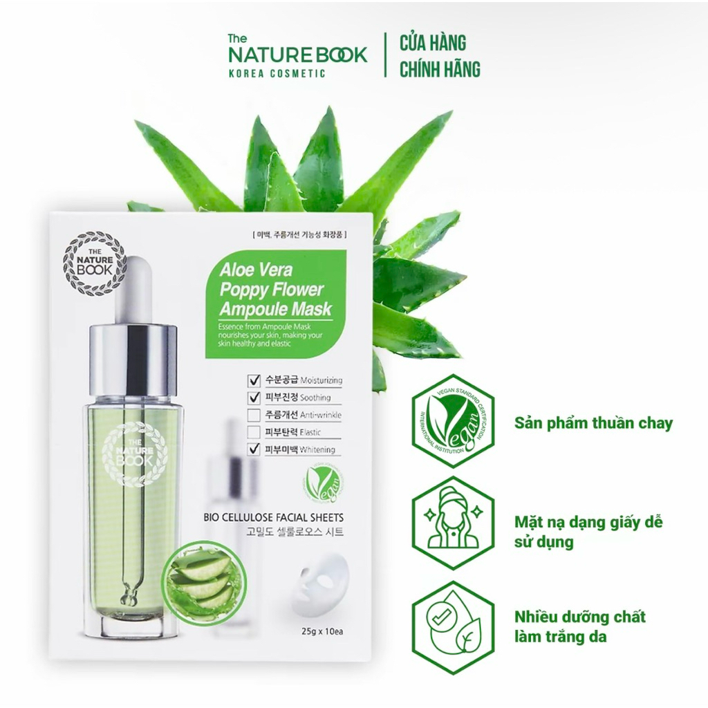 1 Miếng Mặt Nạ Dưỡng Trắng Da Lô Hội The Nature Book 25g Làm Dịu, Cấp Ẩm Sâu, Thuần Chay Lành Tính