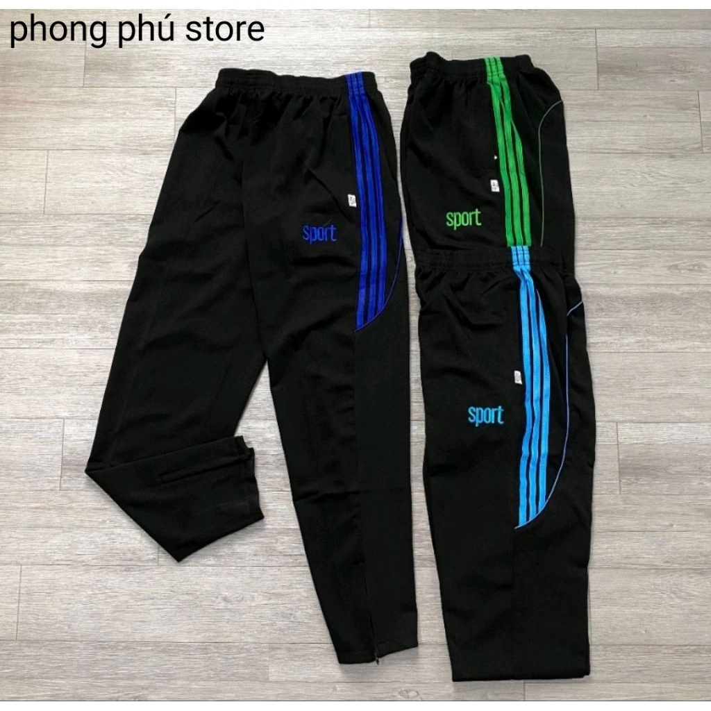Quần thể dục thể thao nam nữ, thun poly co giãn tốt, mẫu Kéo Ống, màu đen khác màu sọc. nts.