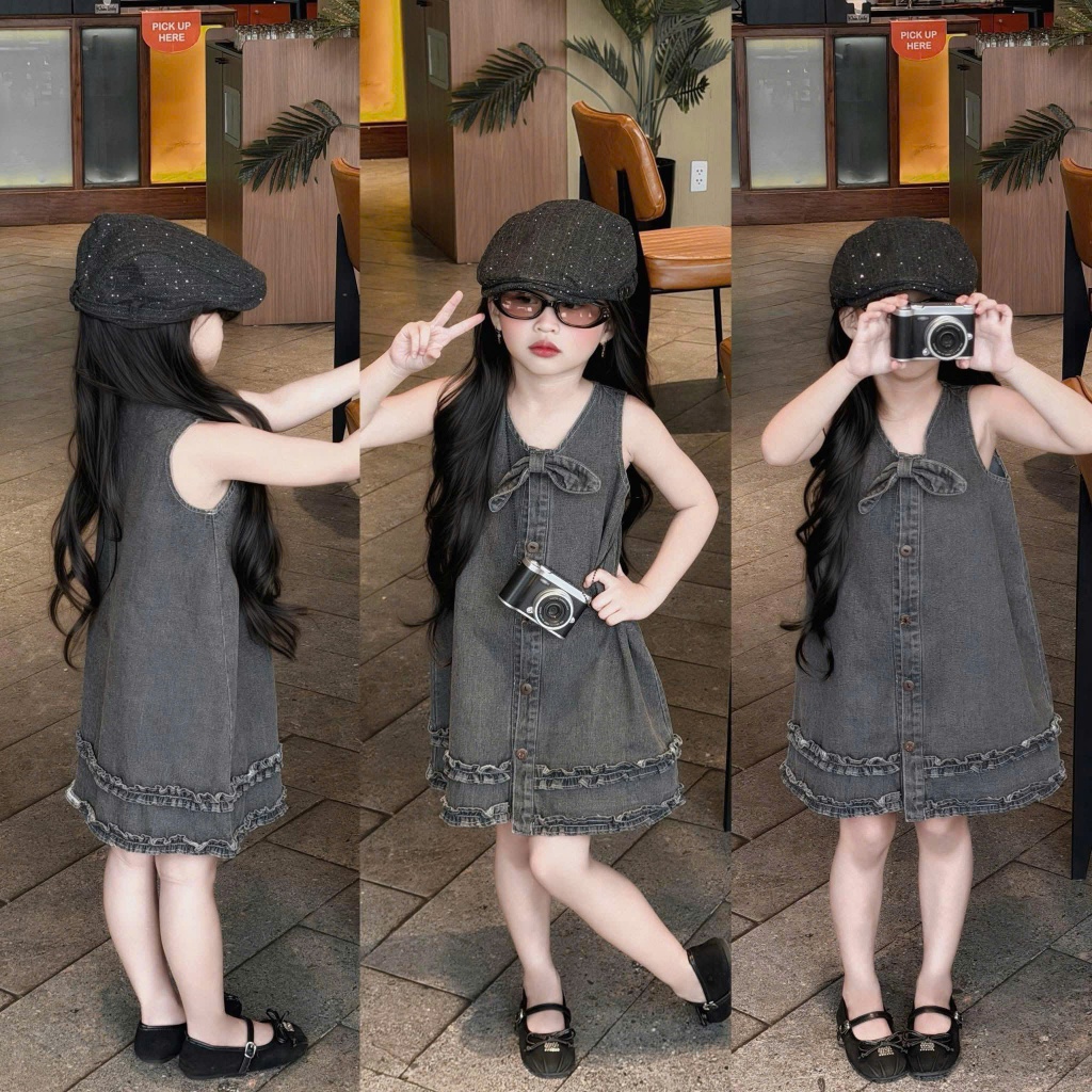 Đầm Jean bé gái dáng Suông Baby Doll Phối Nơ dễ thương cho bé Váy Denim Mùa Hè Cho Bé Và Mẹ Phong Cách Hàn Quốc,đầm mebe
