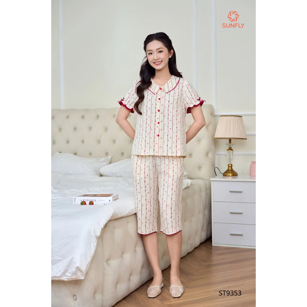 ST9353 Bộ pijama nữ đũi vân mây áo cộc quần ngố