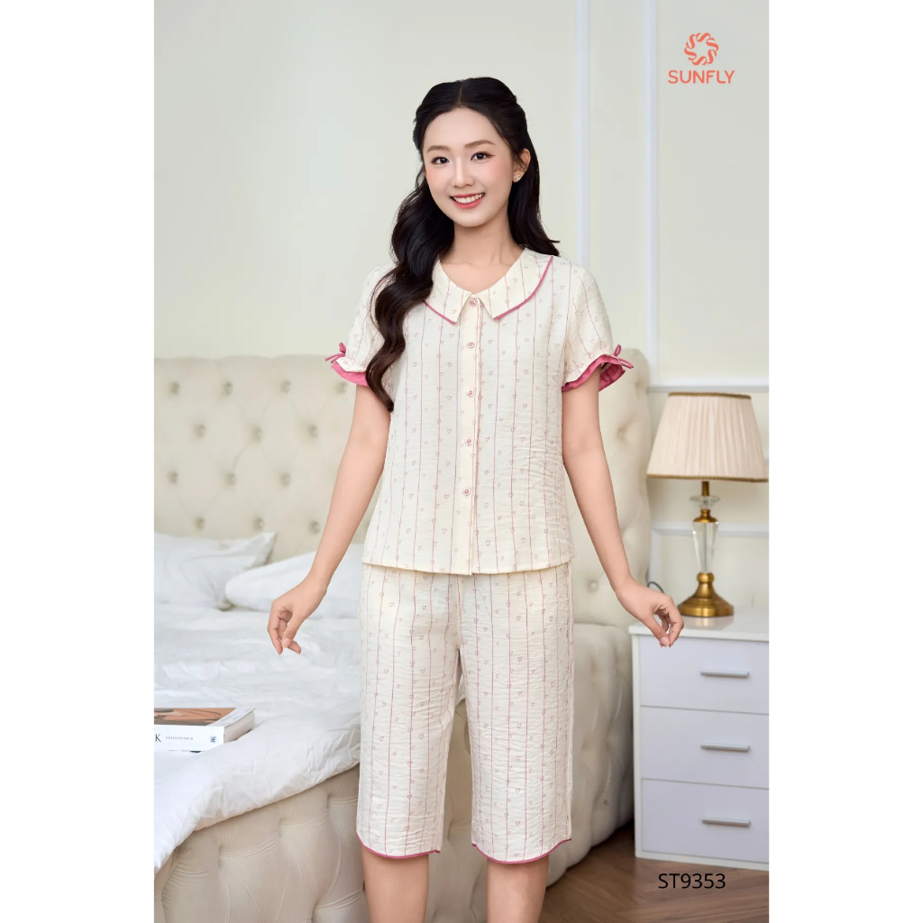 ST9353 Bộ pijama nữ đũi vân mây áo cộc quần ngố
