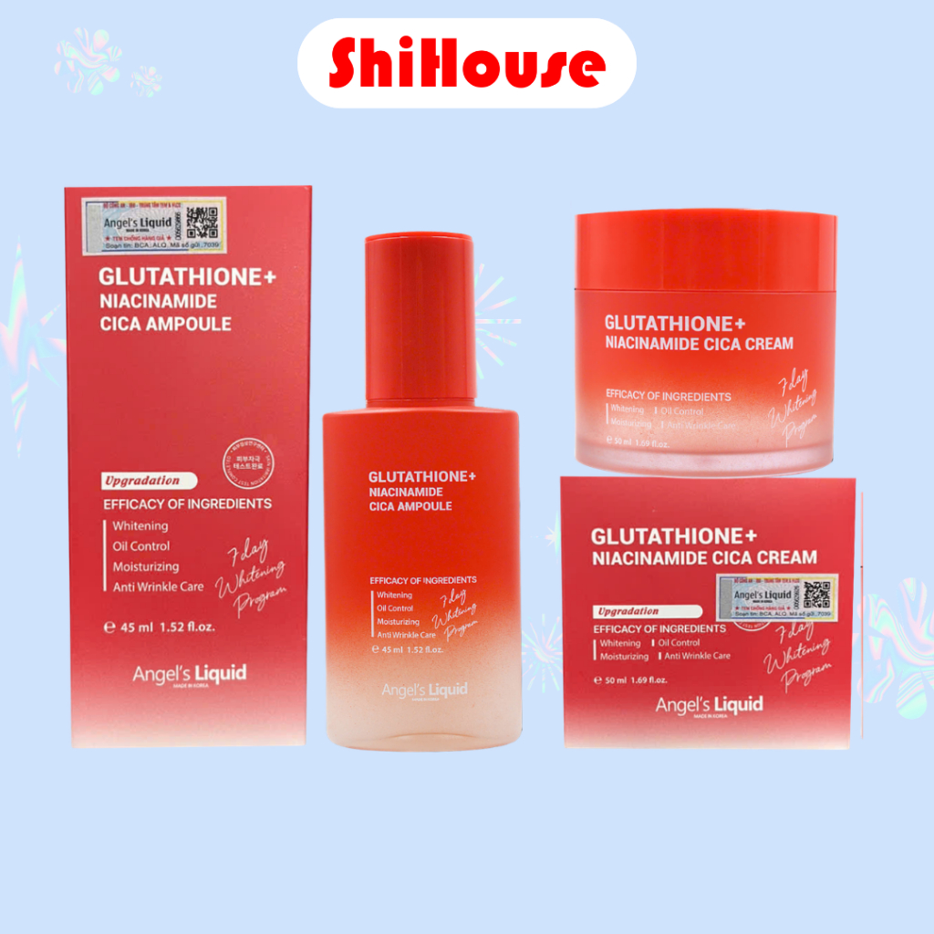 Bộ Sản Phẩm Dưỡng Trắng & Phục Hồi Da Mụn Angel's Liquid Glutathione + Niacinamide Cica Ampoule/Cream