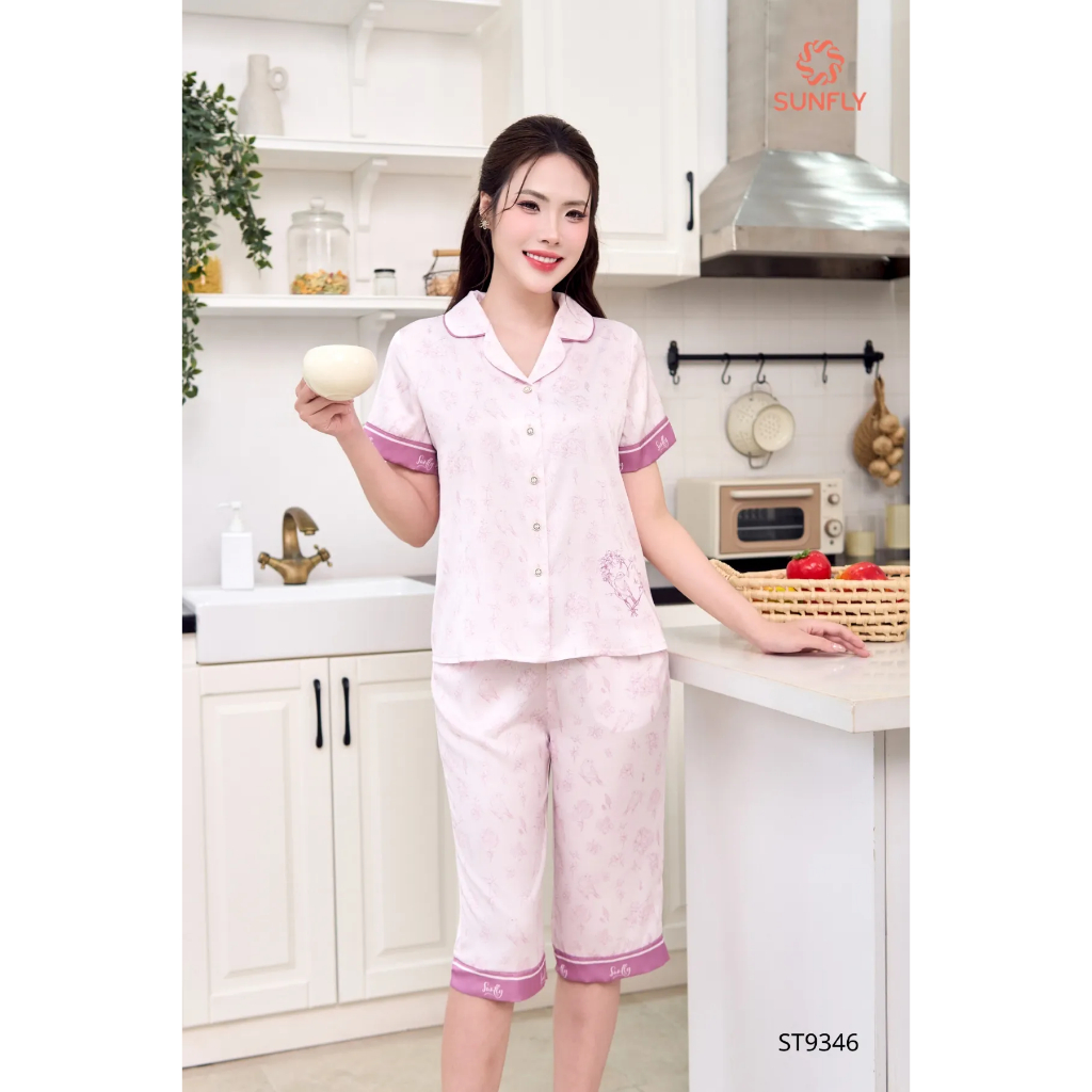 ST9346 Bộ pijama nữ lụa latin ht độc quyền áo cộc quần ngố