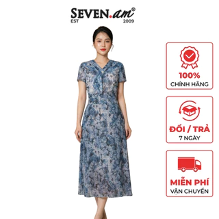 Chân váy xòe tơ óng xanh light navy thời trang nữ Seven.AM H730326K