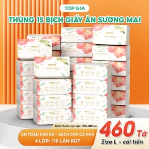 Thùng 15 bịch giấy sương mai TopGia 460 tờ bản to 4 lớp mềm mịn, siêu dai, thấm hút tốt
