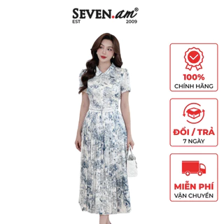 Đầm xoè tay cộc trắng hoạ tiết cây xanh phối chân váy dập ly Seven.AM H633541I