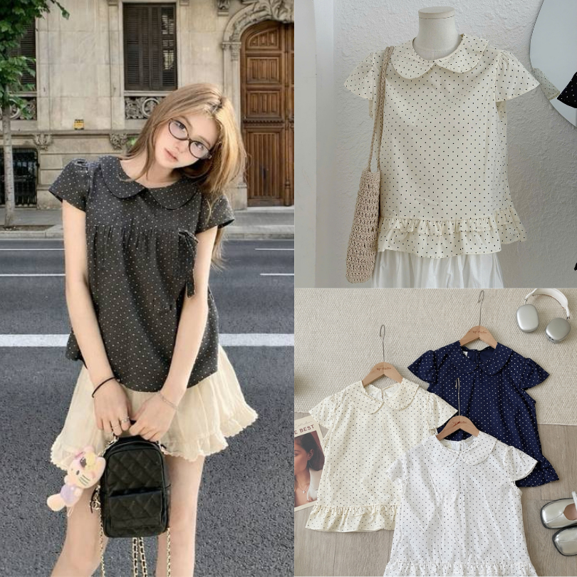 Áo chấm bi cổ sen kiểu dáng basic dễ phối đồ, áo kiểu nữ dễ thương LALA  A97
