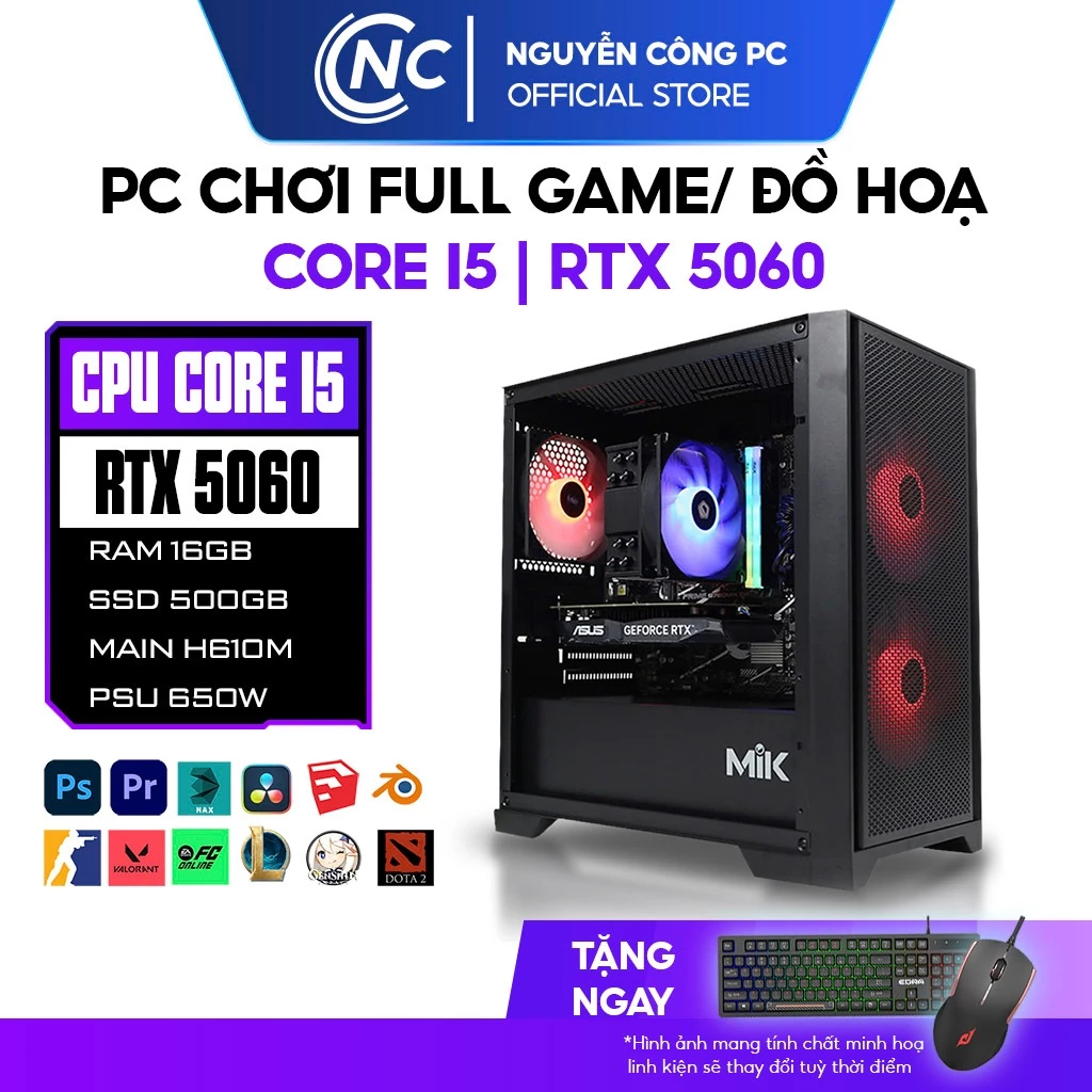 Bộ máy tính PC Gaming i5 12400F + RTX 5060 + ram 16GB chiến mọi game, đồ họa - Full NEW