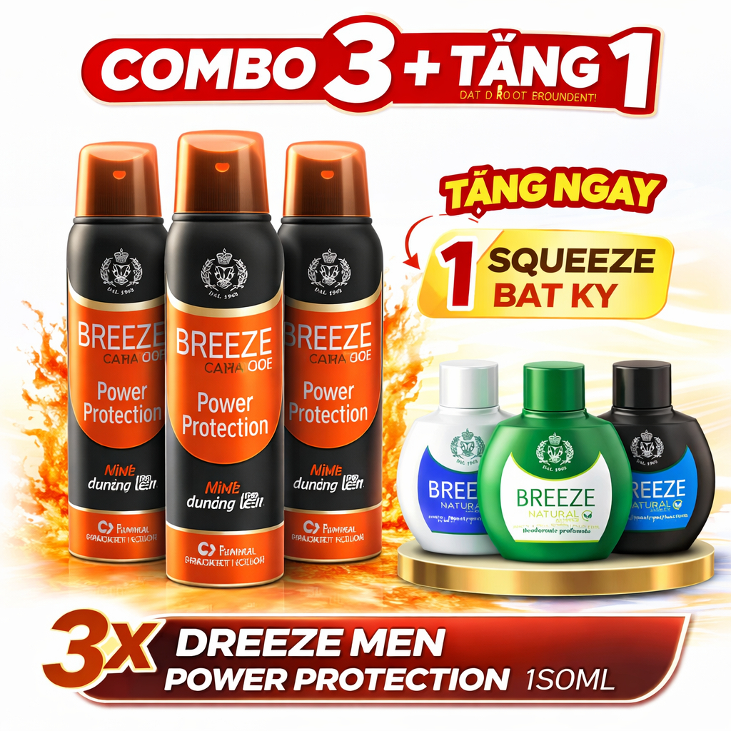 [SIÊU ƯU ĐÃI] Combo 3 Xịt Khử Mùi Nam Hương Nước Hoa Breeze Men Power Protection 150ml + Tặng 1 Breeze Squeeze