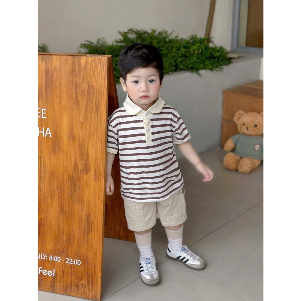 Bộ quần áo Polo cộc tay họa tiết kẻ hàn chất áo cotton mềm mịn,thoáng mát phối quần kaki cho bé đi học ,đi chơi size 9-2
